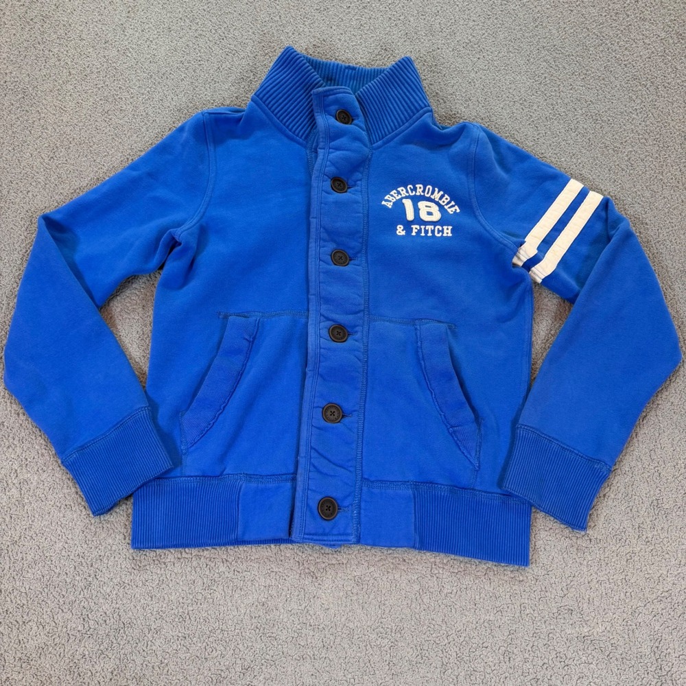 Abercrombie & Fitch Mens Blue Muscle Fit Button Front Varsity Sweatshirt Medium